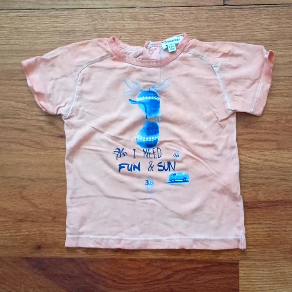 3/$10🌟 Baby 9- 12 Month Orange Blue 3 pommes I Need Fun & Sun T-shirt Shirt Top